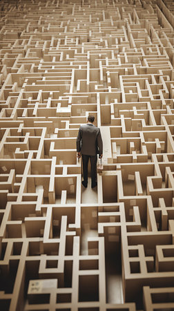 Business challenge. A businessman navigating through a maze. Top viewの素材