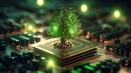 Concept of green technology. green recycle sign on circuit board technology innovations. Environmentの素材