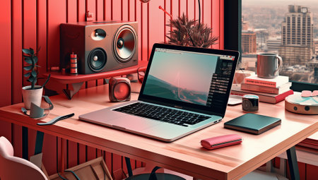 Pink laptop, headphones and clipboard on deskの素材