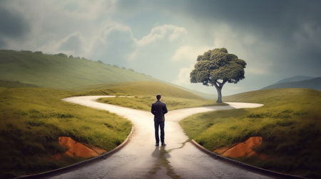 business man think to choose the path way to goの素材