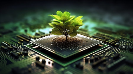 Tree with soil growing on the converging point of computer circuit board. Blue light and wireframe nの素材