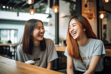 two young women sitting behind table talkingの素材