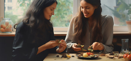 two young women sitting behind table talkingの素材
