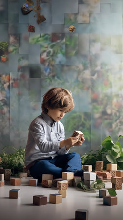 Child making a flow process model with paper blocks. Sequence of events or actions, explain algorithの素材