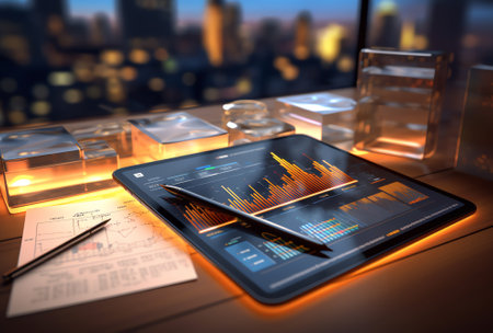 business documents on office table with smart phone and digital tablet and graph financial with sociの素材