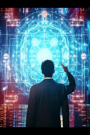 Computer programmer coding on modern computer with AI Artificial Intelligence. Data science, softwarの素材