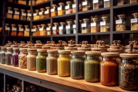 Mason jars arranged on racks in zero waste storeの素材