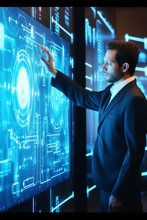 Data scientists. Man programmer using laptop analyzing and development at various information on futの素材