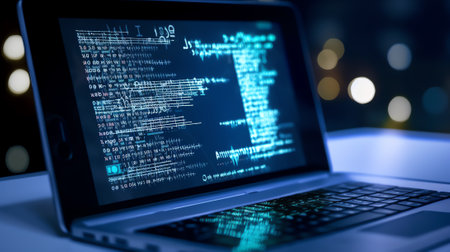 Software development coding process concept. Programming, testing cross platform code, app on laptopの素材