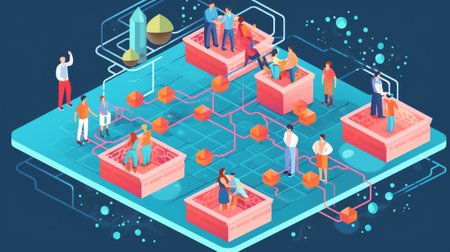 Team working on blockchain technology. Connecting a large cube
Future Technology Concept Blockchainの素材