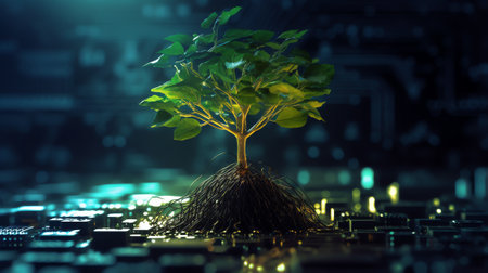 Tree growing on Circuit digital ball. Digital and Technology Convergence. Blue light and Wireframe nの素材