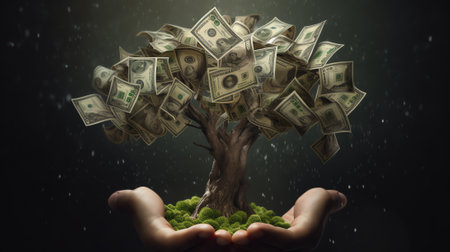 hands holding a tree and coins / making the right choiceの素材