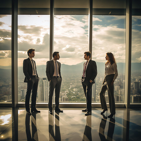 Corporate business partner stand in city background showing partnership and teamwork. The three busiの素材