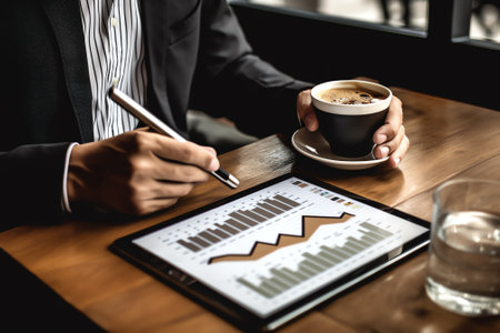 business documents on office table with smart phone and digital tablet and graph financial with sociの素材