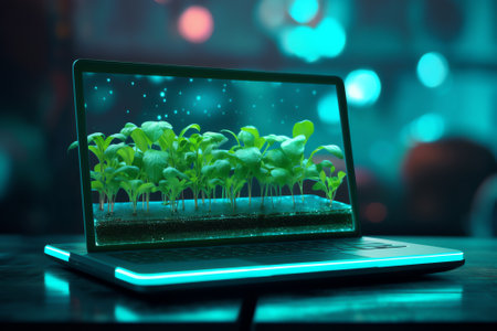 Laptop keyboard with plant growing on it. Green IT computing concept. Carbon efficient technology. Dの素材