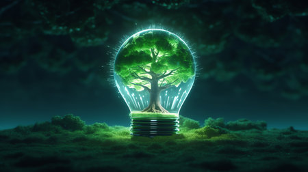 Tree growing on lightbulb with digital convergence and blue network technology background. Environmeの素材