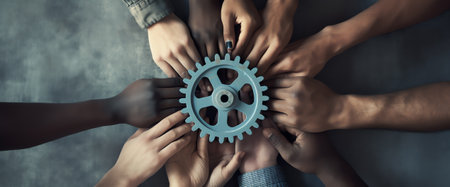 Multi ethic team work concept. Business man and woman putting hands together. Topdown view shor.の素材