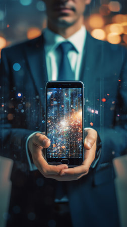 Hands of unrecognizable businessman using smartphone over blurry blue background with double exposurの素材
