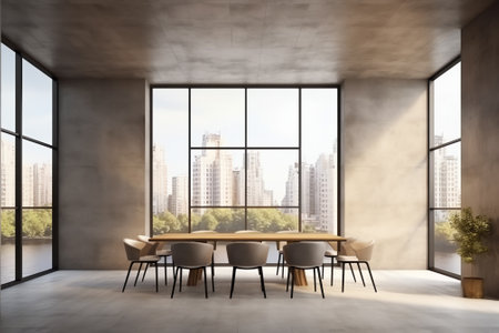 Contemporary concrete office interior with city view, daylight, furniture and equipment. 3D Renderinの素材
