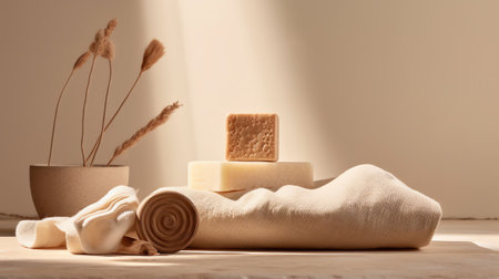 Stack of soap bars and scrubbing brush with hair combs and jar on tableの素材