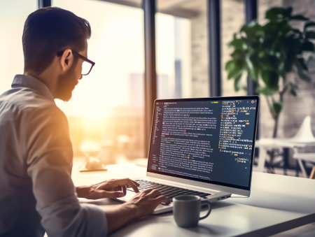 Developer programmer working on project in software development computer in IT company office, Writiの素材