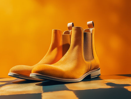 brown suede shoes standing on the asphalt concrete floor at the crossroadの素材