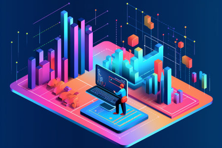 Startup concept, Software and web development with 3d shapes, bar chart, infographic on blue backgroの素材