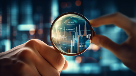 Business analyst with magnifying glass analyzing graphs and charts for market expansion, financial rの素材