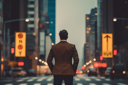 confusing businessman looking at multiple road sign with question mark and thinking which way to go.の素材