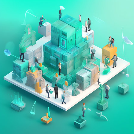 Team working on blockchain technology. Connecting a large cube
Future Technology Concept Blockchainの素材