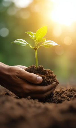 Hand planting seedling growing step in garden with sunshine. Concept of business growth, profit, devの素材