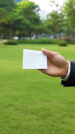Hand of a businessman reach out towards hand of the natureの素材