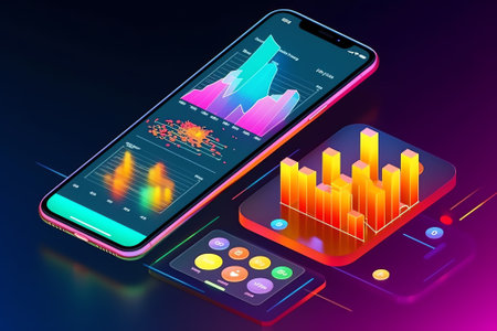Application of Smartphone with business graph and analytics data on isometric mobile phone. Analysisの素材