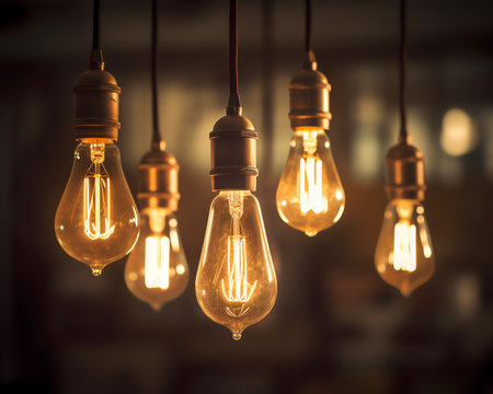 Group of vintage bulb lights with One antique Light bulb turn on , creative idea and leadership concの素材