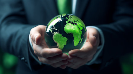 Businessmen holding world to Organization Sustainable development environmental. Sustainable businesの素材