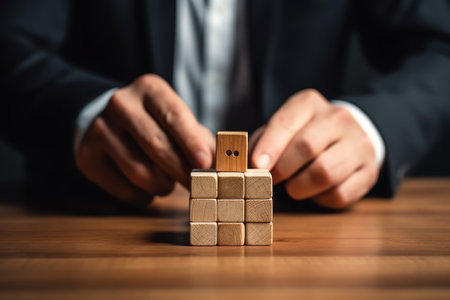 Male hand stacking wooden blocks. Business development and growth conceptの素材