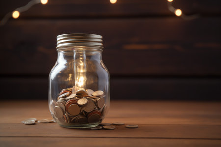 Light bulb Energy saving and a coin glass on the floor nature backgroundの素材