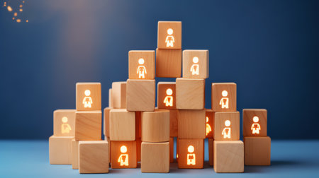 Business process and workflow automation with flowchart. Hand holding wooden cube block arranging prの素材