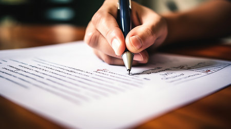 Close-up of human hand with pen pointing at paper while explaining something to colleaguesの素材