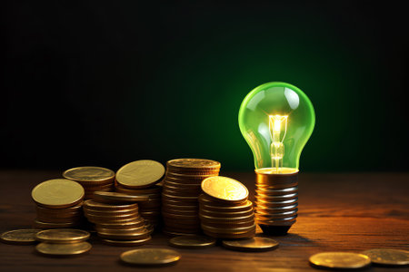 Light bulb Energy saving and a coin glass on the floor nature backgroundの素材
