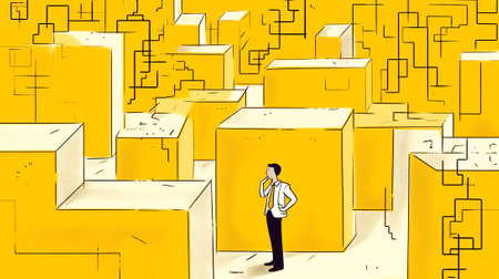 confusing businessman blocked wall. business gap concept. Business decision making, career path, worの素材