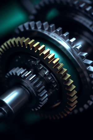 Macro photo of tooth wheel mechanism with DECISION MAKING, STRATEGY, VISION, KNOWLEDGE and RESPONSIBの素材