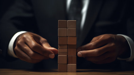 Businessman Building BUSINESS ETHICS Concept with Wooden Blocksの素材