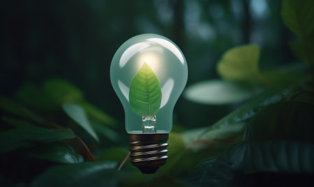 A fluorescent light bulb in sunlight on green nature background. Green business, economy, eco-industの素材