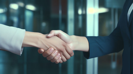 Male doctor and woman patient shaking hands. Partnership in medicine, trust and medical ethics conceの素材