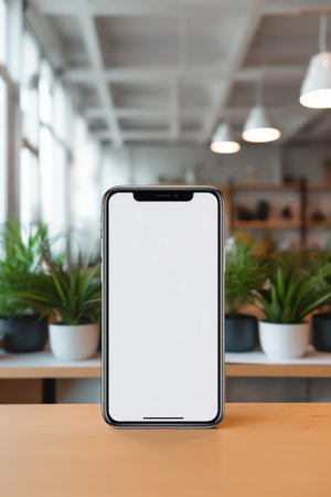 Woman hand holding white mobile phone on a table with a laptop in office.の素材