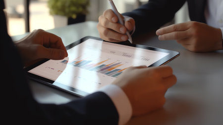 Business team analyzing income charts and graphs with modern digital tablet. Top view photo shoot.の素材
