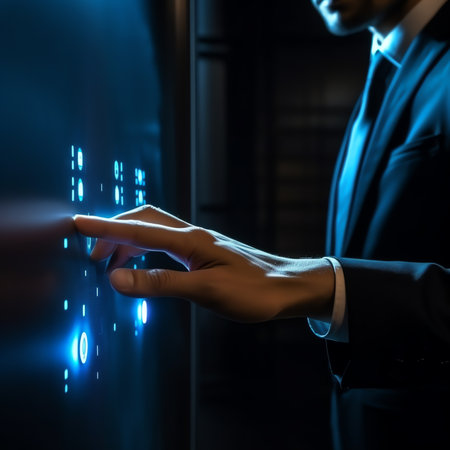 businessman hand pushing solution button on a touch screen interfaceの素材