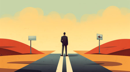 3D Business decision making with businessman thinking, career path, work direction or choose the rigの素材