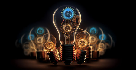 Photo of light bulbs with shining fibers in shapes of Story Telling, Marketing, Content and Creativiの素材